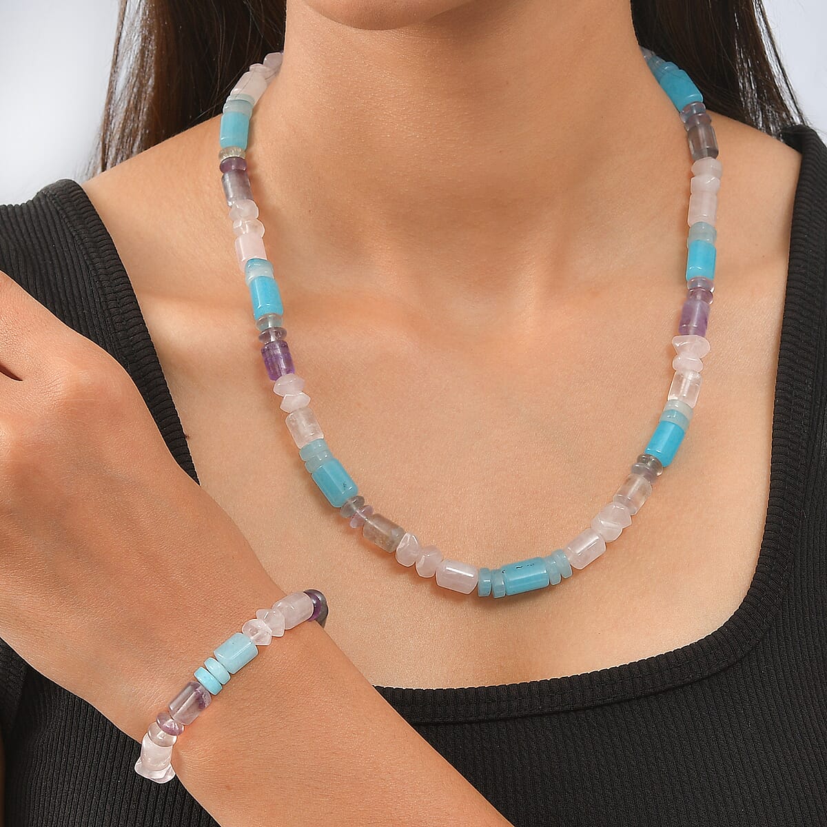 EverTrue Multi Gemstone 405.00 ctw Beaded Stretch Bracelet and Necklace 20 Inches in Platinum Bond image number 2