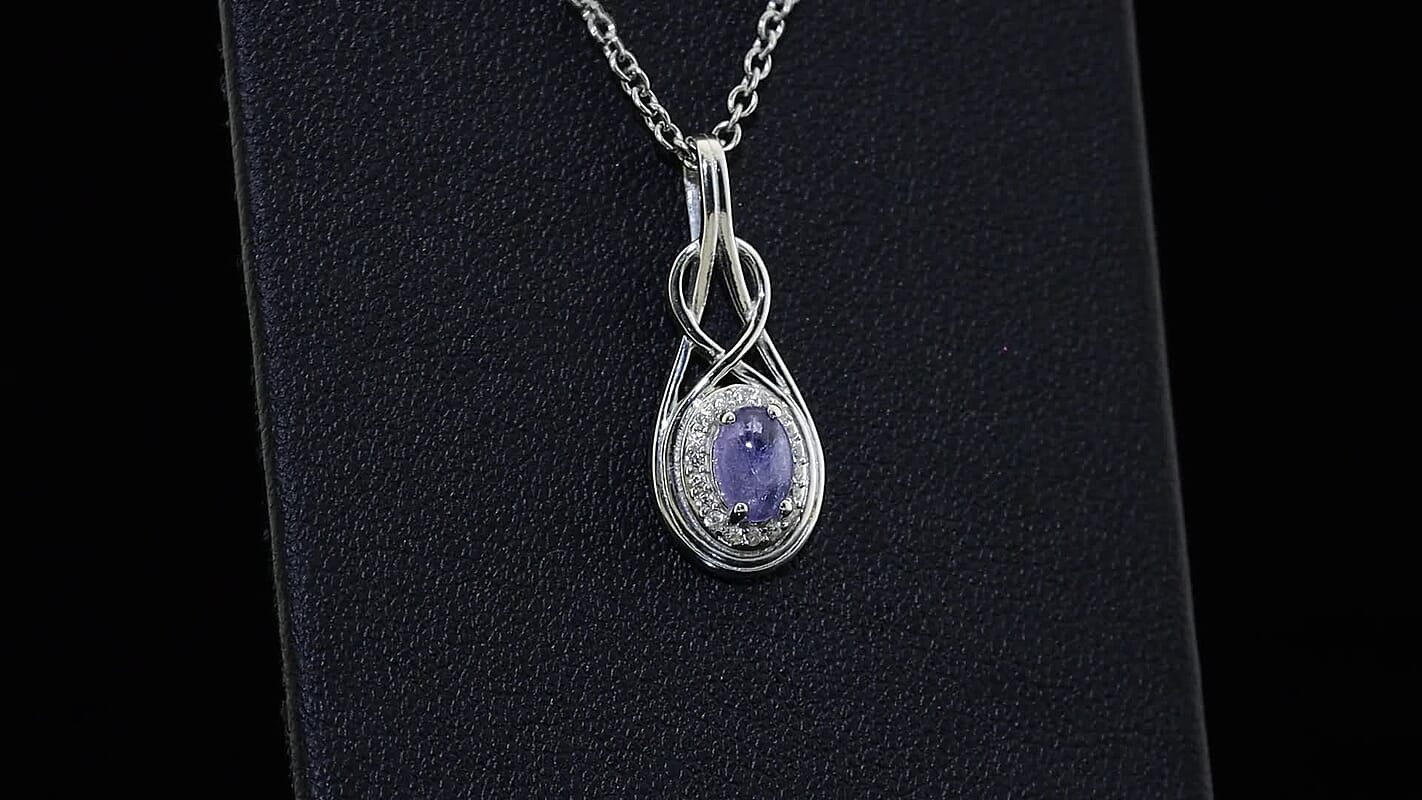 D''Joy Tanzanite, White Zircon Pendant in Rhodium Over Sterling Silver with Stainless Steel Necklace (20 Inches) 0.70 ctw