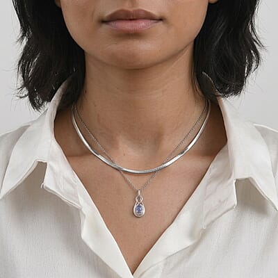 D'Joy Tanzanite and White Zircon 0.70 ctw Pendant in Rhodium Over Sterling Silver with Stainless Steel Necklace 20 Inches