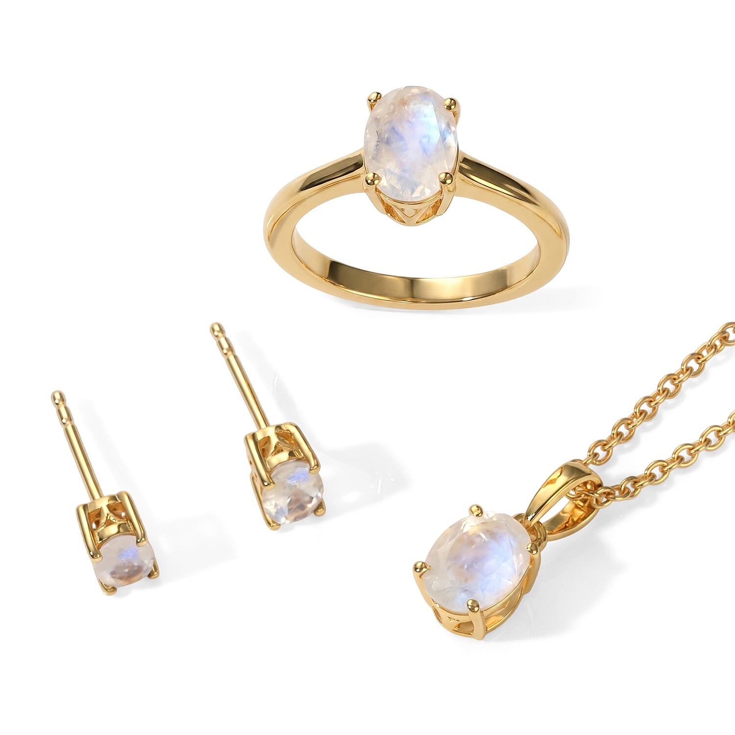EverTrue Rainbow Moonstone 3.20 ctw Sparkling Solitaire Earrings, Ring (Size 6.0) and Pendant in 18K YG Plated with ION Plated YG Stainless Steel Necklace (20 Inches)