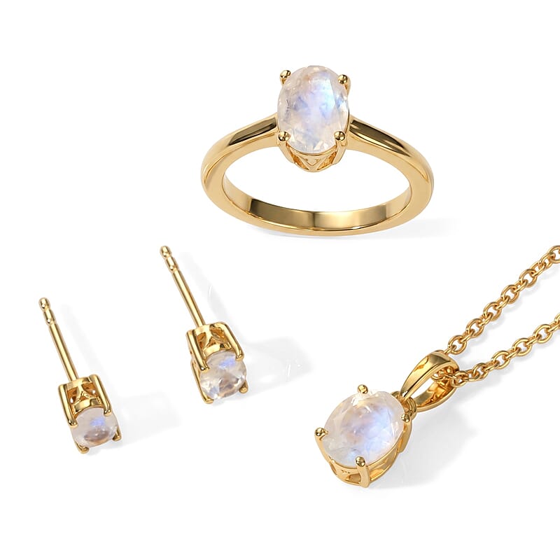 EverTrue Rainbow Moonstone 3.20 ctw Sparkling Solitaire Earrings, Ring (Size 6.0) and Pendant in 18K YG Plated with ION Plated YG Stainless Steel Necklace (20 Inches)