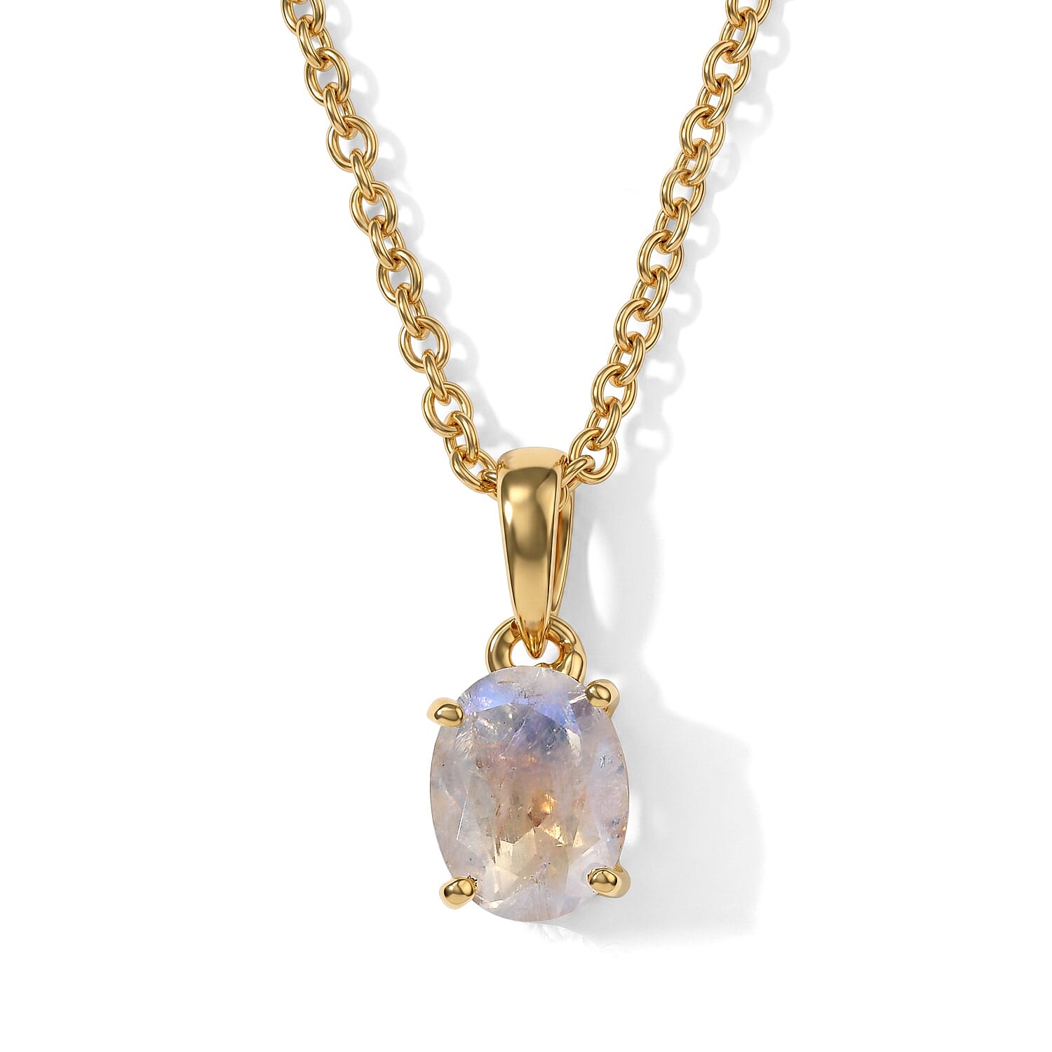 EverTrue Rainbow Moonstone 3.20 ctw Sparkling Solitaire Earrings, Ring (Size 6.0) and Pendant in 18K YG Plated with ION Plated YG Stainless Steel Necklace (20 Inches)