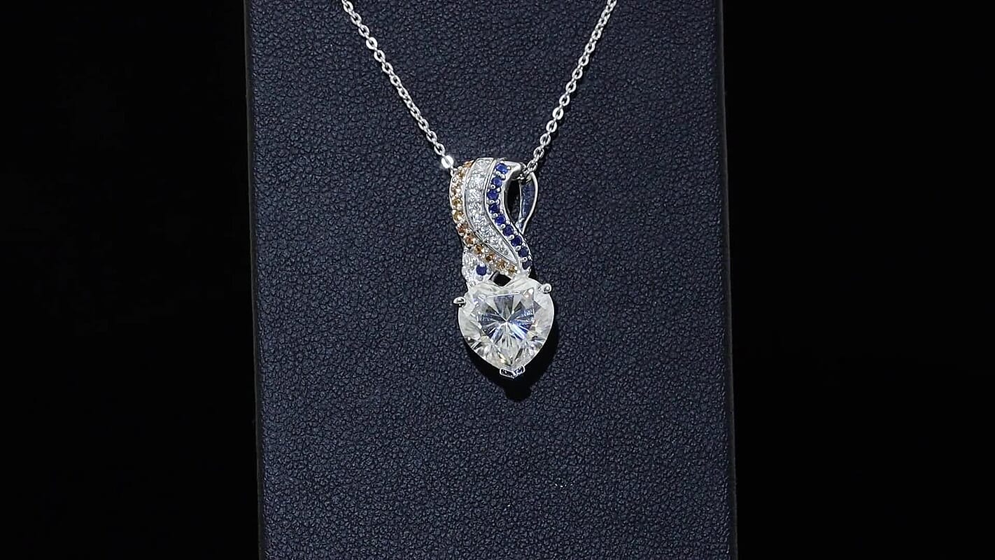D'Joy Moissanite (Hrt 10 mm), Multi Gemstone Pendant Necklace (20 Inches) in Rhodium Over Sterling Silver 3.90 ctw