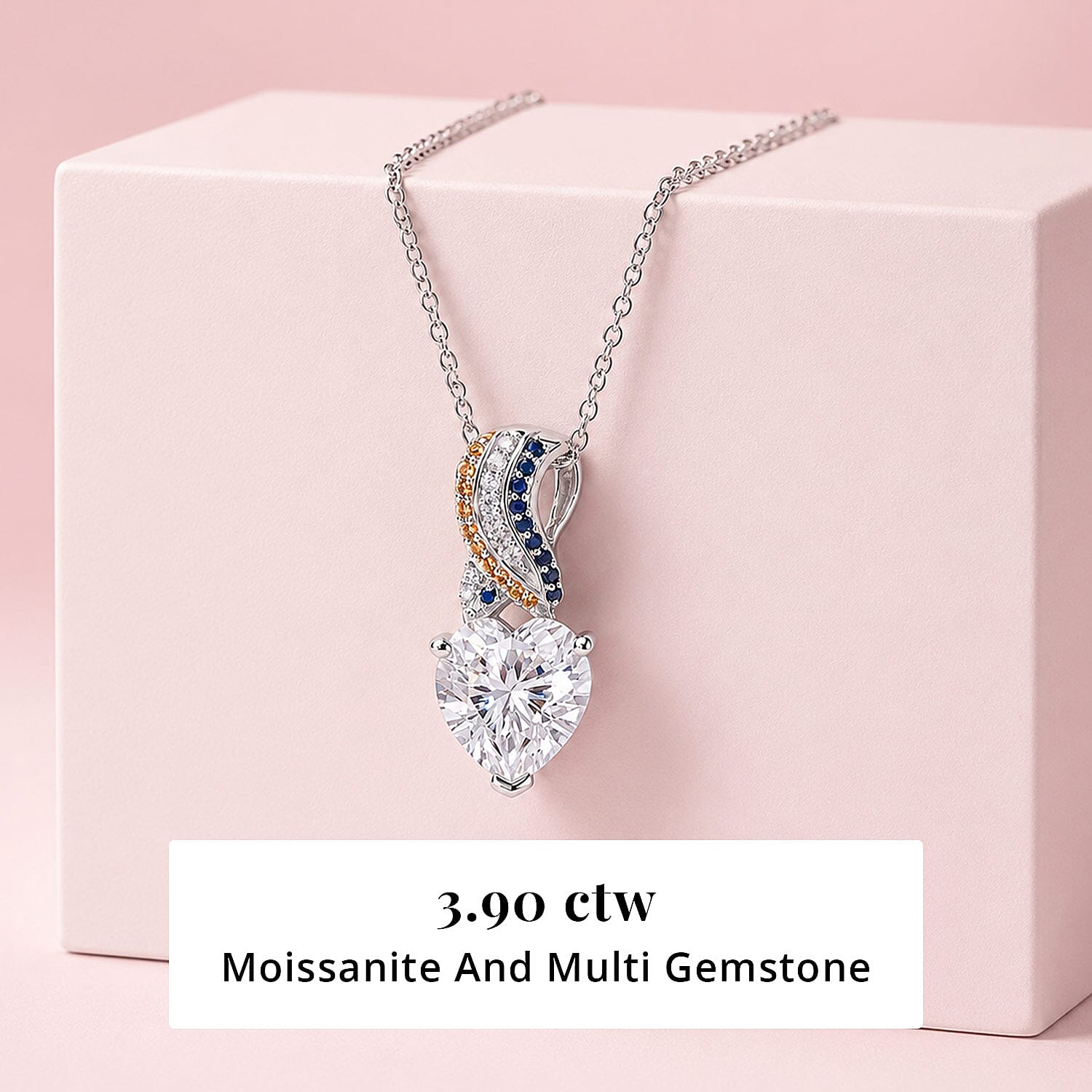 D'Joy Moissanite and Multi Gemstone 3.90 ctw Pendant Necklace in Rhodium Over Sterling Silver 20 Inches