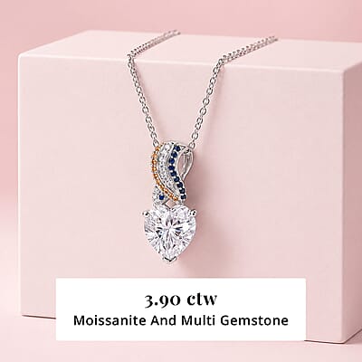 D'Joy Moissanite and Multi Gemstone 3.90 ctw Pendant Necklace in Rhodium Over Sterling Silver 20 Inches