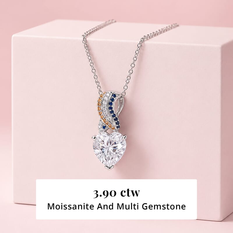 D'Joy Moissanite and Multi Gemstone 3.90 ctw Pendant Necklace in Rhodium Over Sterling Silver 20 Inches