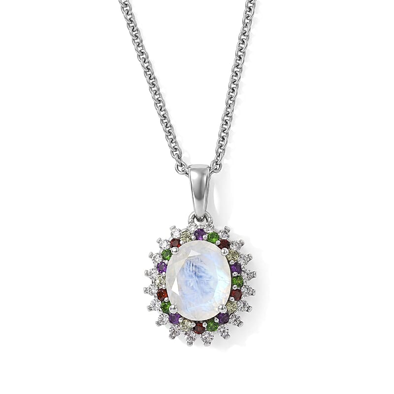 EverTrue Rainbow Moonstone and Multi Gemstone 3.35 ctw Pendant in Platinum Bond with Stainless Steel Necklace (20 Inches)