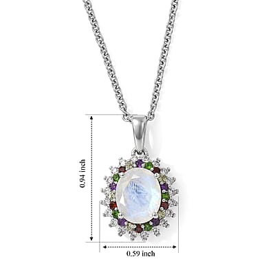 EverTrue Rainbow Moonstone and Multi Gemstone 3.35 ctw Pendant in Platinum Bond with Stainless Steel Necklace (20 Inches)