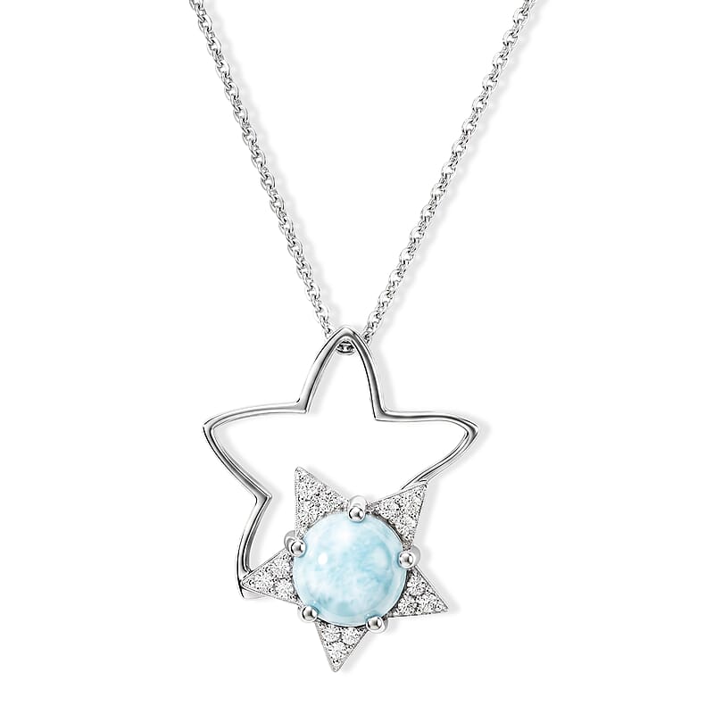 D'Joy Larimar and White Zircon 1.35 ctw Pendant Necklace in Rhodium Over Sterling Silver 20 Inches