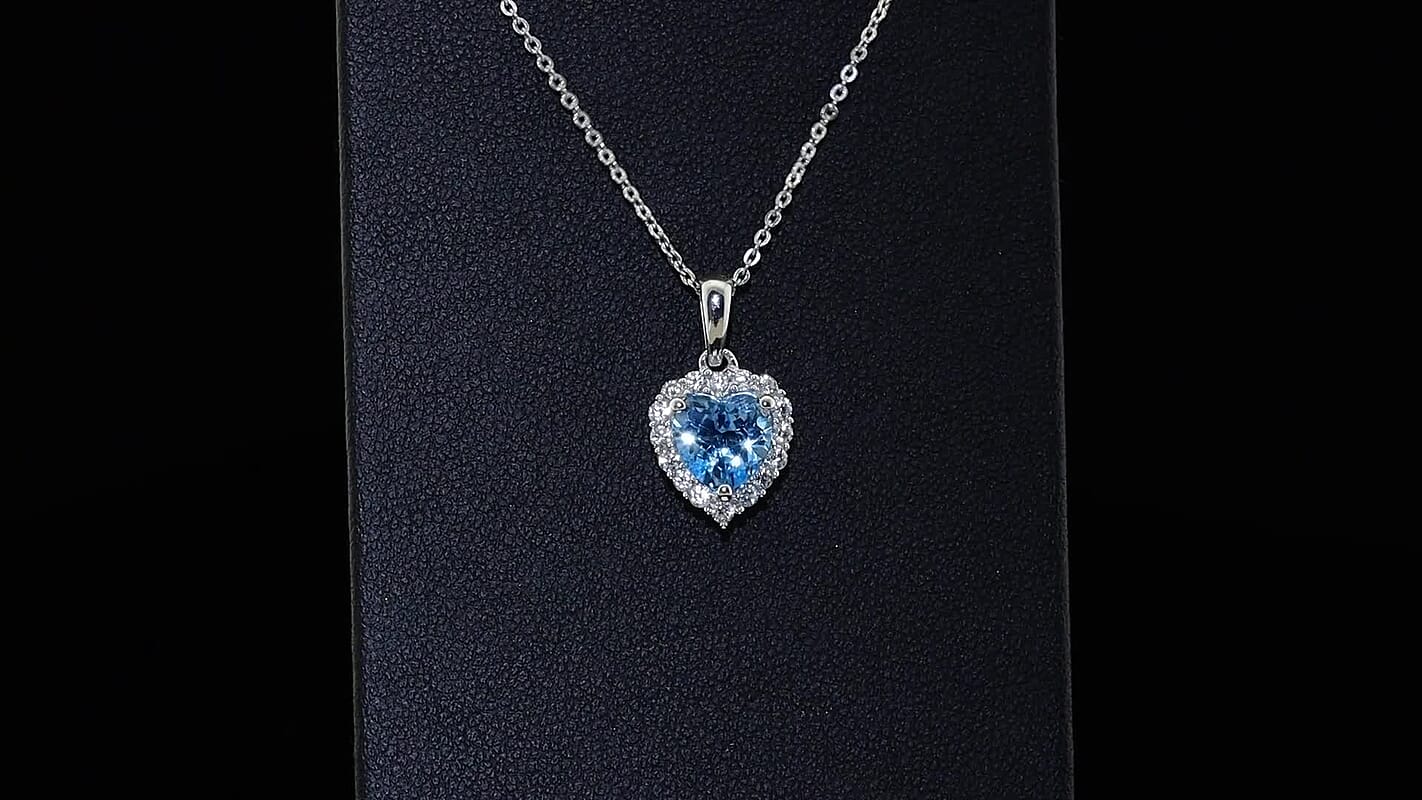 D''Joy Premium Swiss Blue Topaz, White Zircon Pendant Necklace (20 Inches) in Rhodium Over Sterling Silver 1.90 ctw