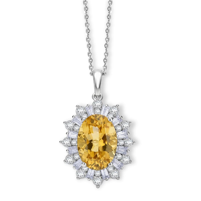 D'Joy Yellow Labradorite and Moissanite 6.60 ctw Dawn Empress Pendant Necklace in Rhodium Over Sterling Silver 20 Inches