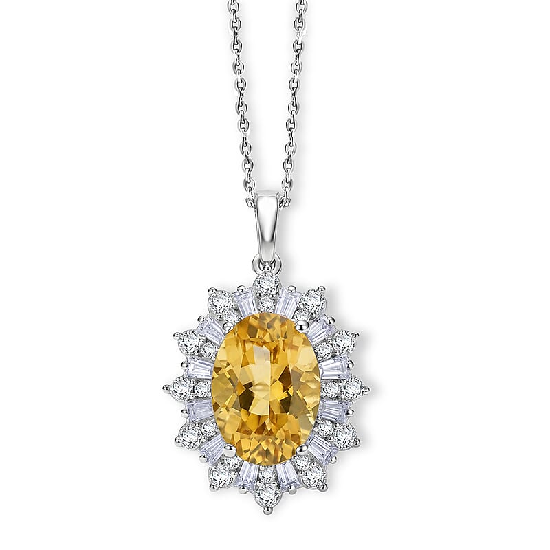 D'Joy Yellow Labradorite and Moissanite 6.60 ctw Dawn Empress Pendant Necklace in Rhodium Over Sterling Silver 20 Inches
