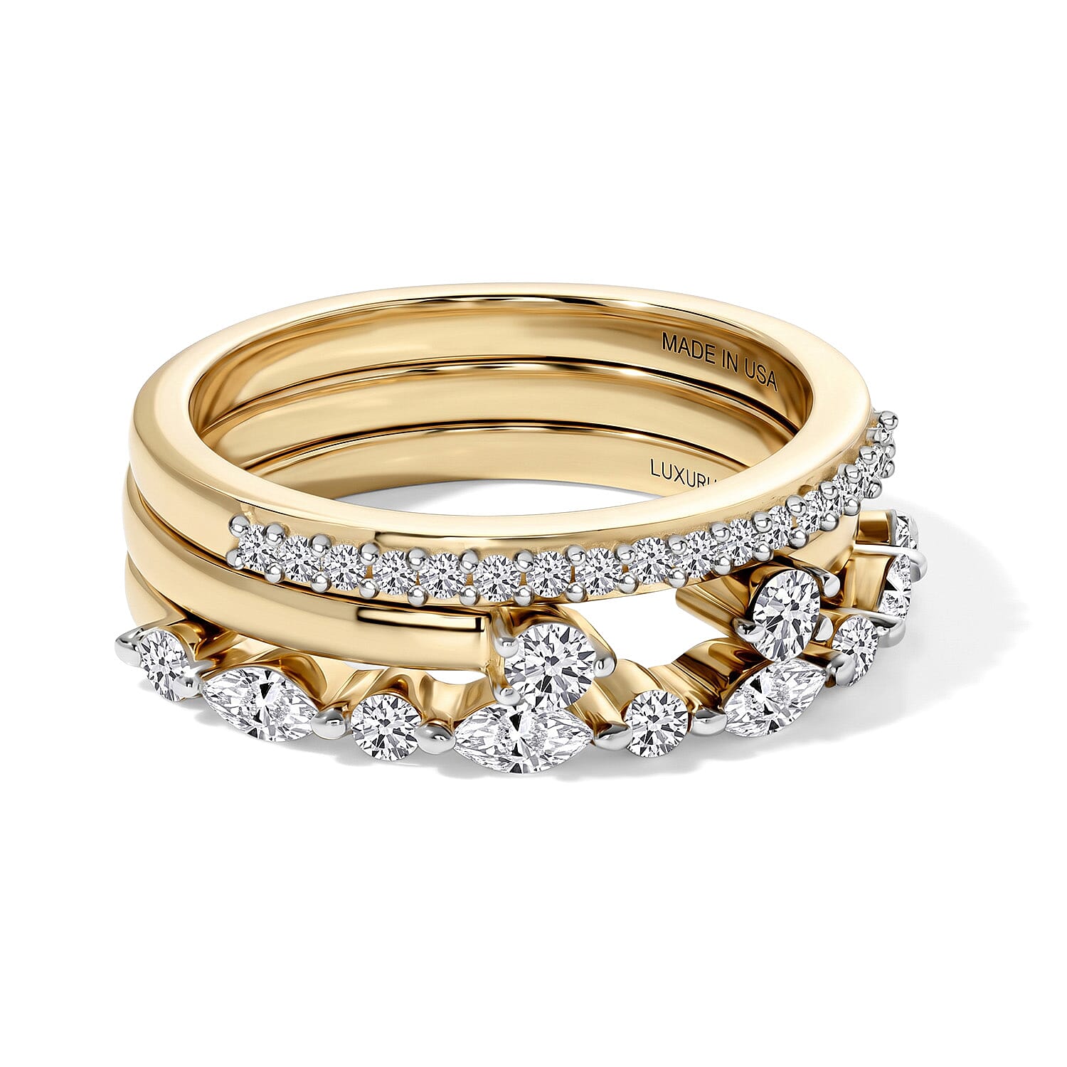 Luxuriant Lab Grown Diamond G-H SI 0.75 ctw Set of 3 Stackable Ring in 18K Vermeil Yellow Gold Over Sterling Silver (Size 5.0)