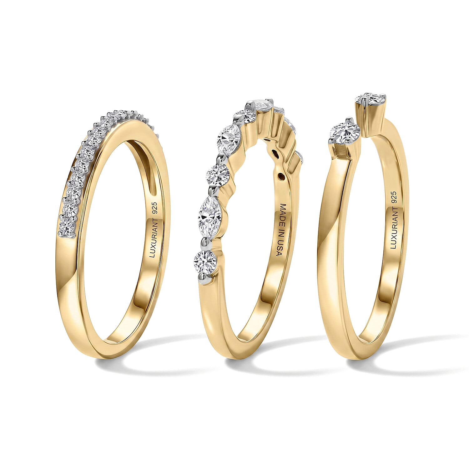 Luxuriant Lab Grown Diamond G-H SI 0.75 ctw Set of 3 Stackable Ring in 18K Vermeil Yellow Gold Over Sterling Silver (Size 5.0)