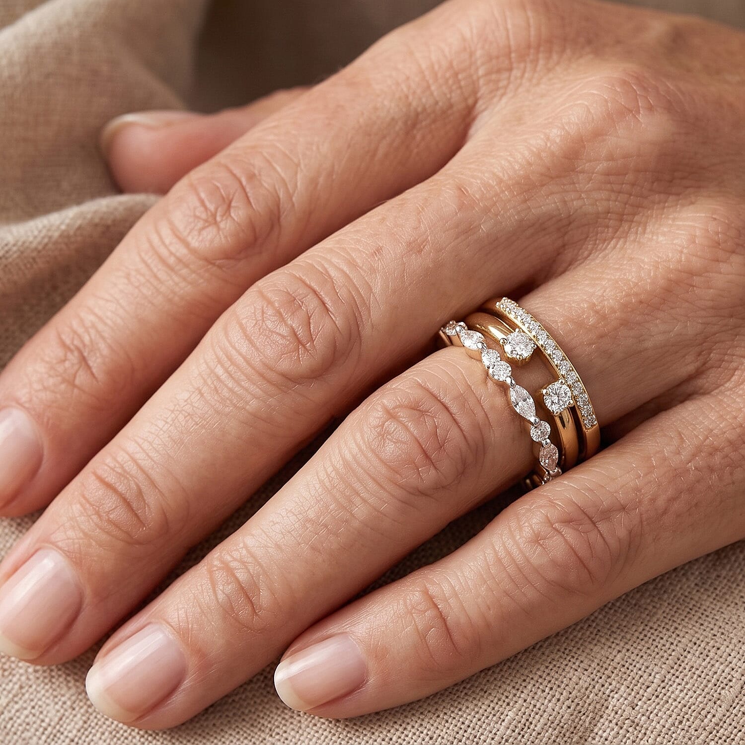 Luxuriant Lab Grown Diamond G-H SI 0.75 ctw Set of 3 Stackable Ring in 18K Vermeil Yellow Gold Over Sterling Silver (Size 5.0)
