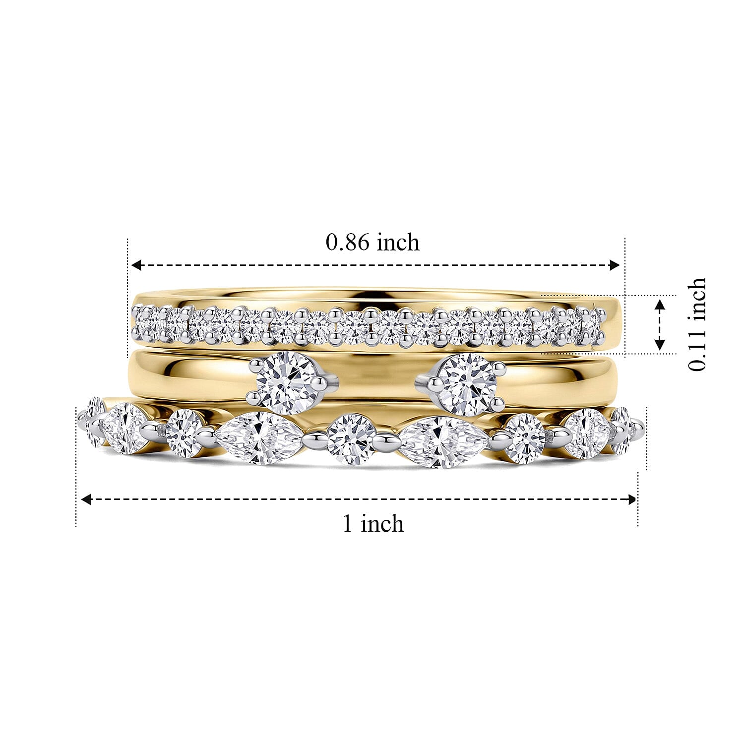 Luxuriant Lab Grown Diamond G-H SI 0.75 ctw Set of 3 Stackable Ring in 18K Vermeil Yellow Gold Over Sterling Silver (Size 5.0)
