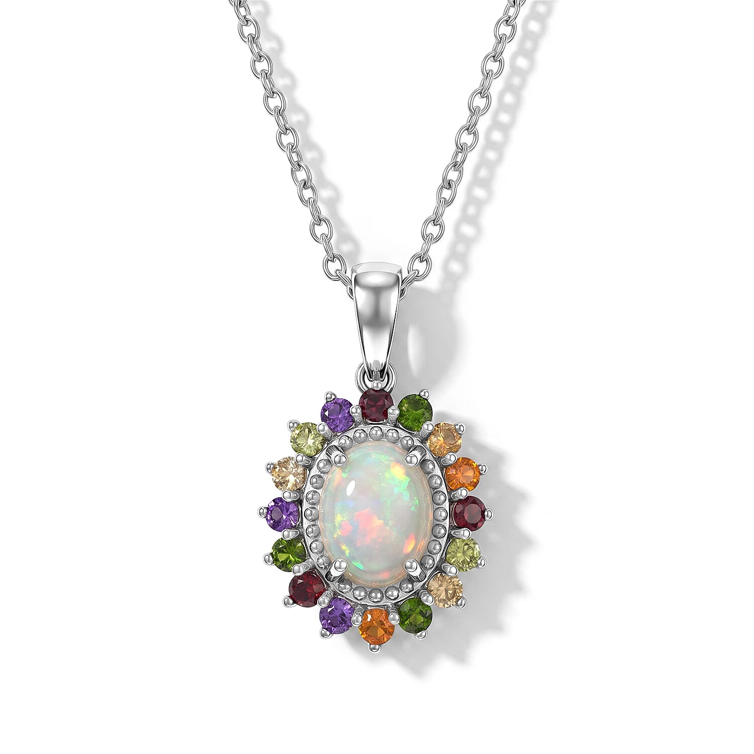 EverTrue Ethiopian Welo Opal and Multi Gemstone 2.00 ctw Pendant in Platinum Bond with Stainless Steel Necklace 20 Inches