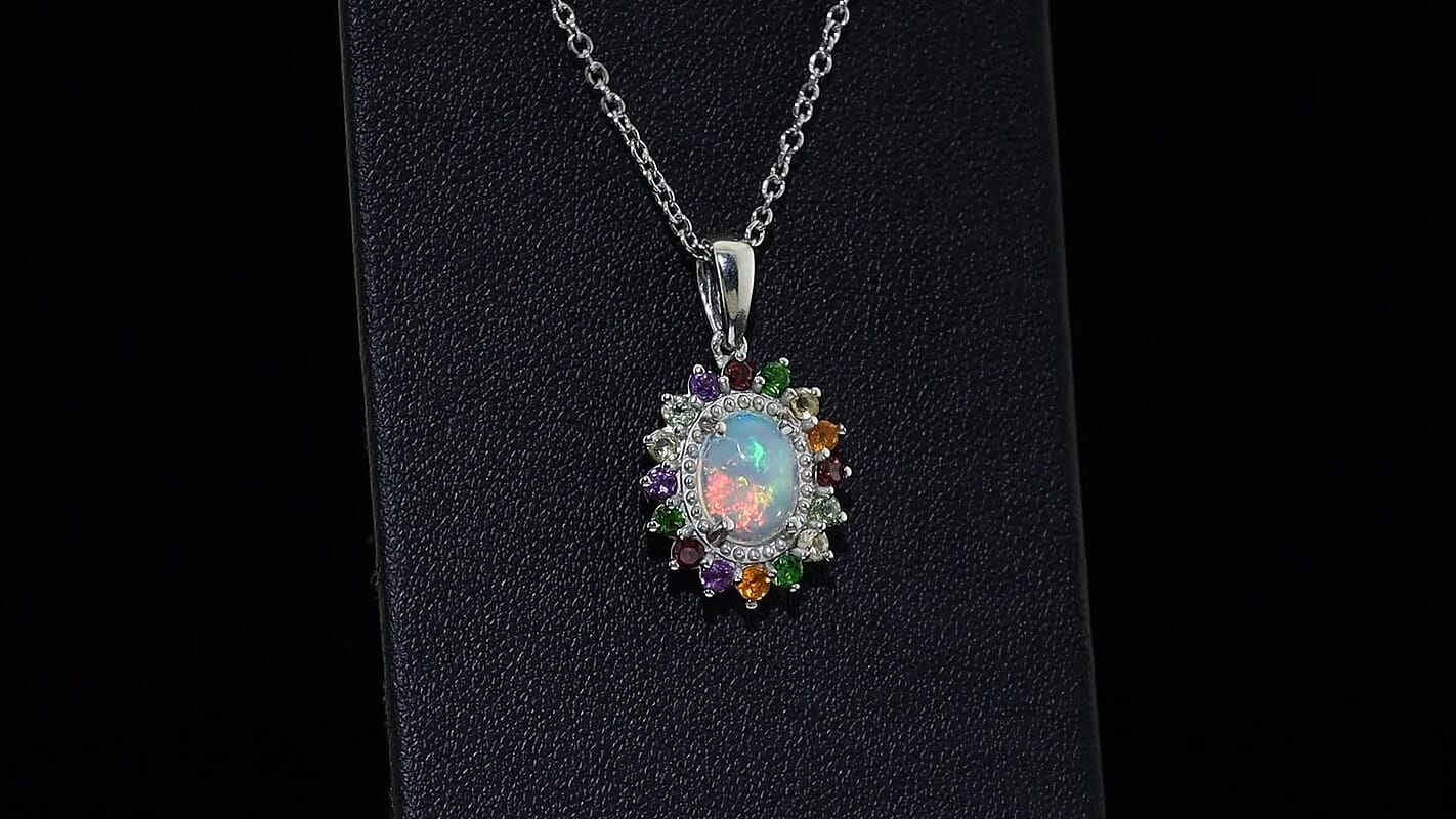 EverTrue Ethiopian Welo Opal and Multi Gemstone 2.00 ctw Pendant in Platinum Bond with Stainless Steel Necklace 20 Inches