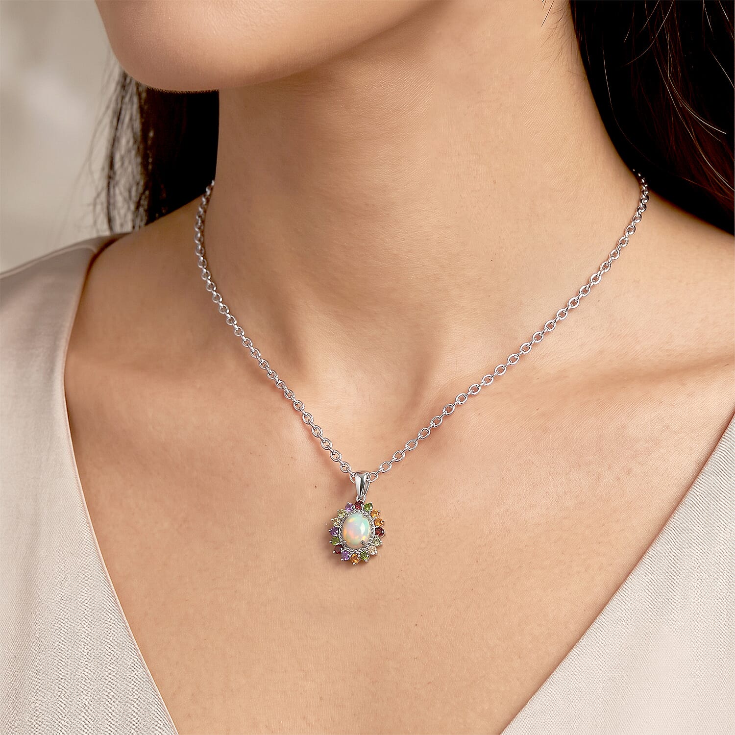 EverTrue Ethiopian Welo Opal and Multi Gemstone 2.00 ctw Pendant in Platinum Bond with Stainless Steel Necklace 20 Inches