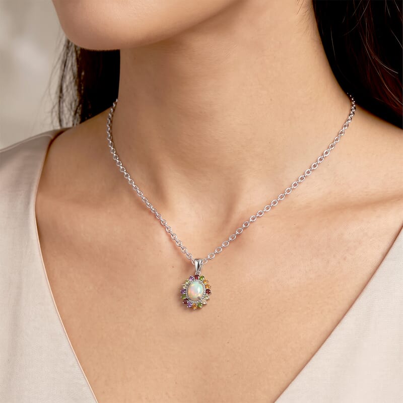 EverTrue Ethiopian Welo Opal and Multi Gemstone 2.00 ctw Pendant in Platinum Bond with Stainless Steel Necklace 20 Inches