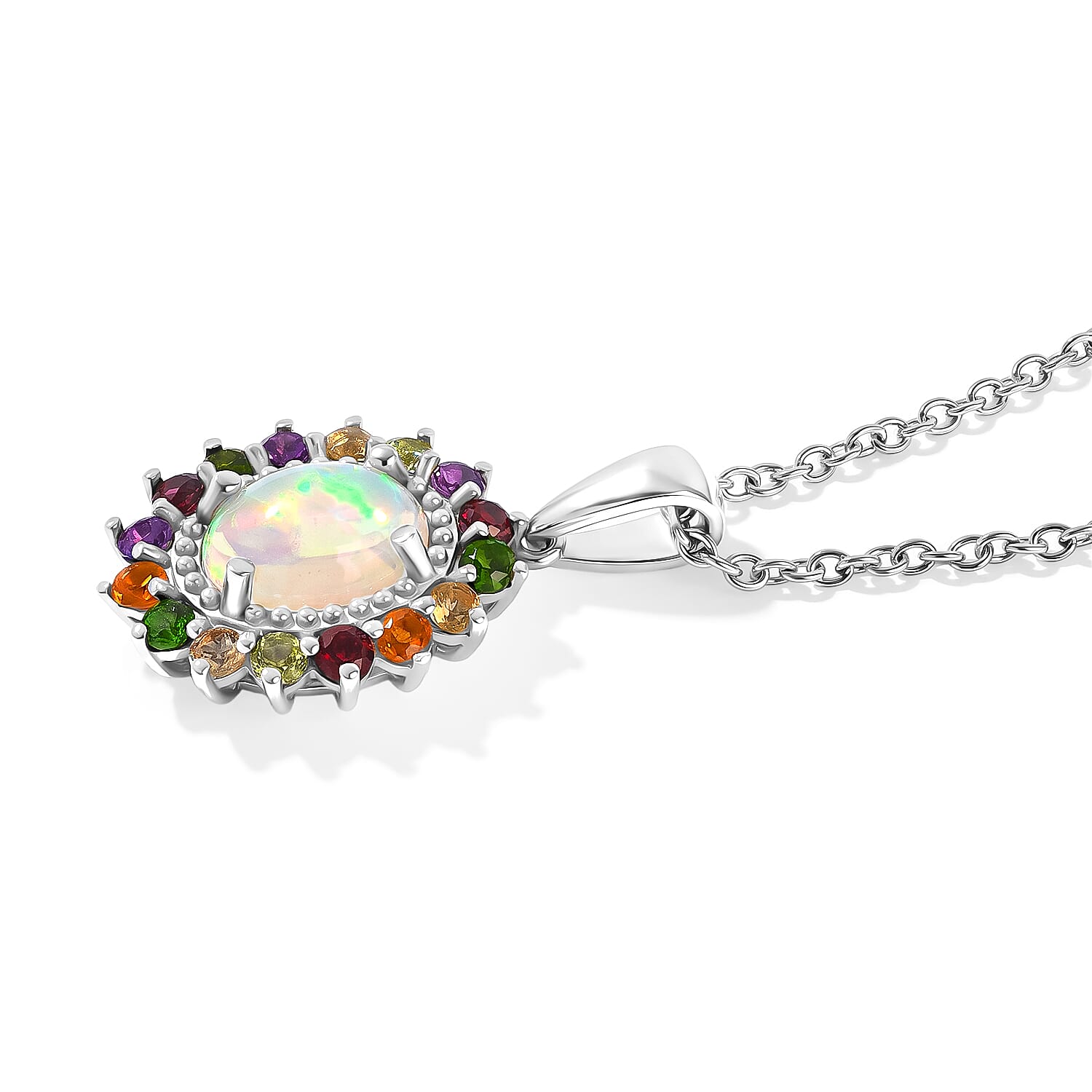 EverTrue Ethiopian Welo Opal and Multi Gemstone 2.00 ctw Pendant in Platinum Bond with Stainless Steel Necklace 20 Inches