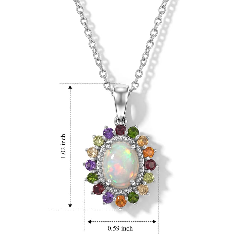 EverTrue Ethiopian Welo Opal and Multi Gemstone 2.00 ctw Pendant in Platinum Bond with Stainless Steel Necklace 20 Inches