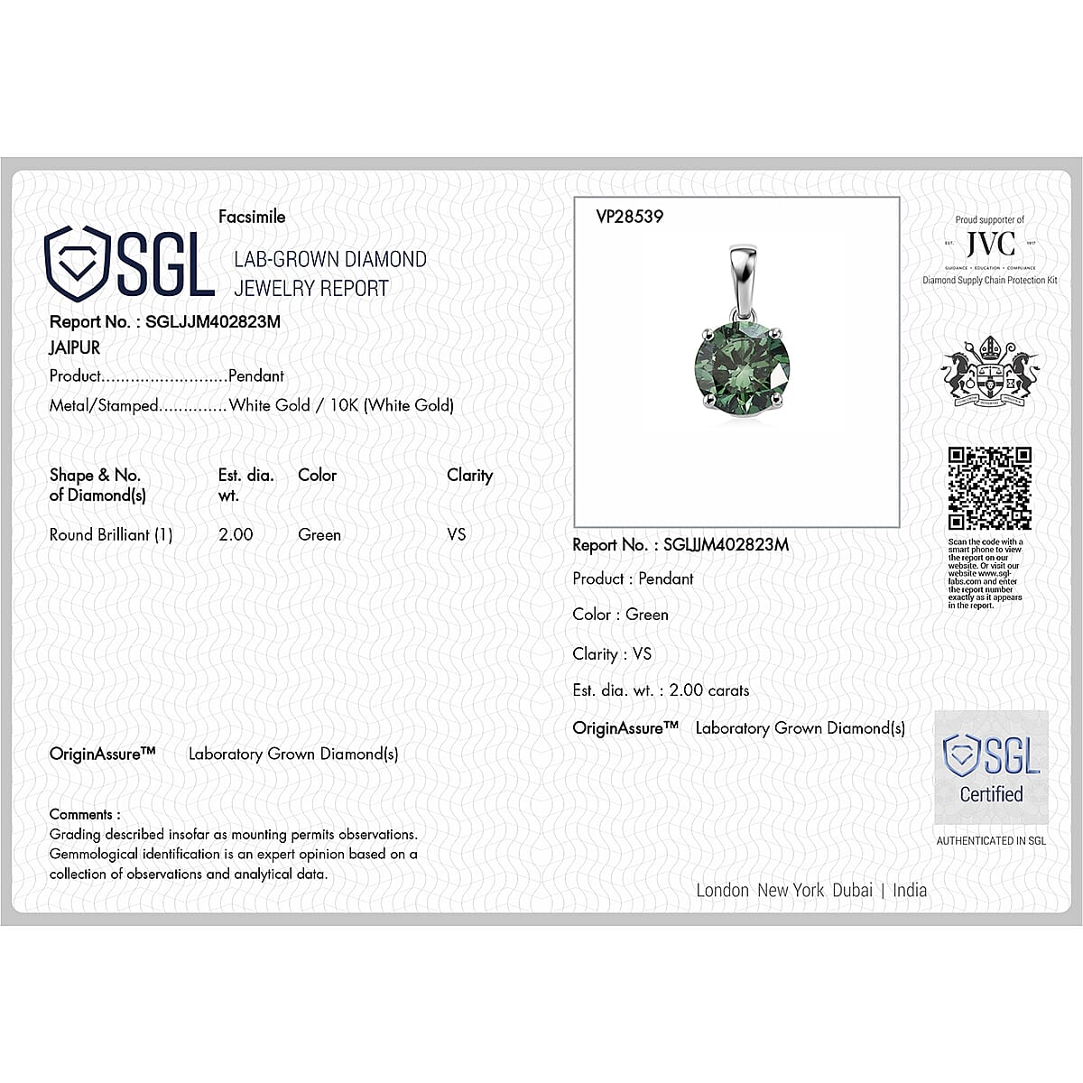 SGL Certified Luxuriant Lab Grown Green Diamond (IR) VS 2.00 ctw Pendant Necklace in 10K White Gold 20 Inches image number 6