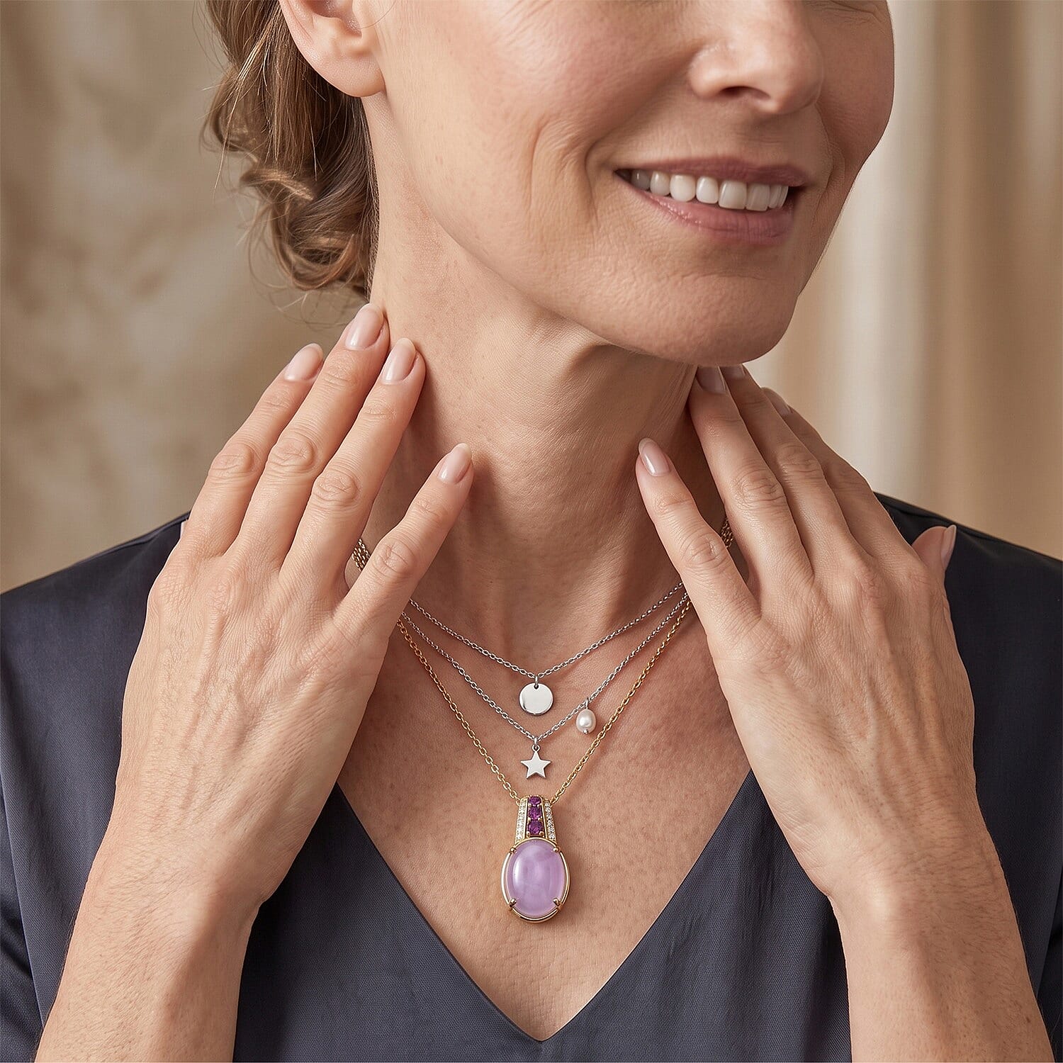 EverTrue Kunzite and Multi Gemstone 11.50 ctw Pendant in 18K YG Plated with ION Plated YG Stainless Steel Necklace 20 Inches