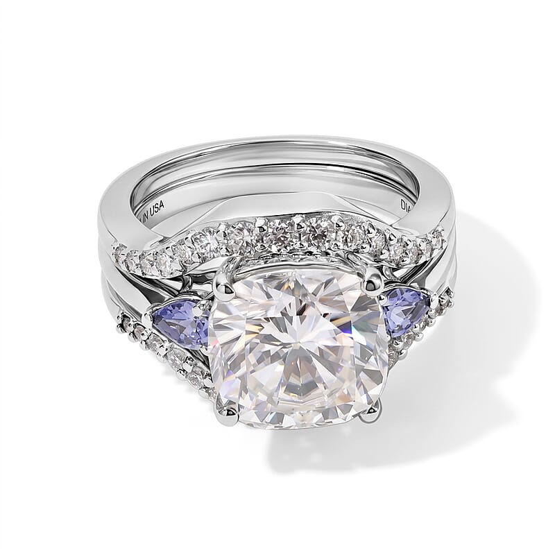 D'Joy Moissanite and Tanzanite 5.50 ctw Set of 2 Stacked Radiance Ring in Rhodium Over Sterling Silver (Size 5)