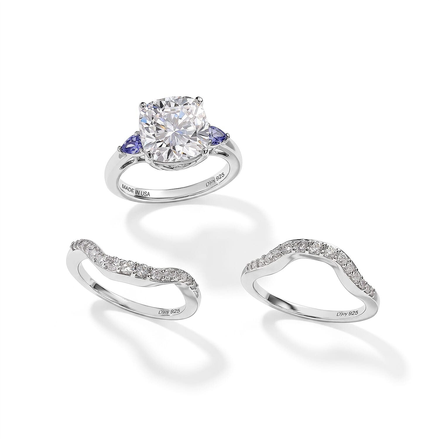 D'Joy Moissanite and Tanzanite 5.50 ctw Set of 2 Stacked Radiance Ring in Rhodium Over Sterling Silver (Size 5)