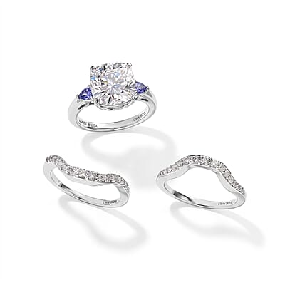 D'Joy Moissanite and Tanzanite 5.50 ctw Set of 2 Stacked Radiance Ring in Rhodium Over Sterling Silver (Size 5)