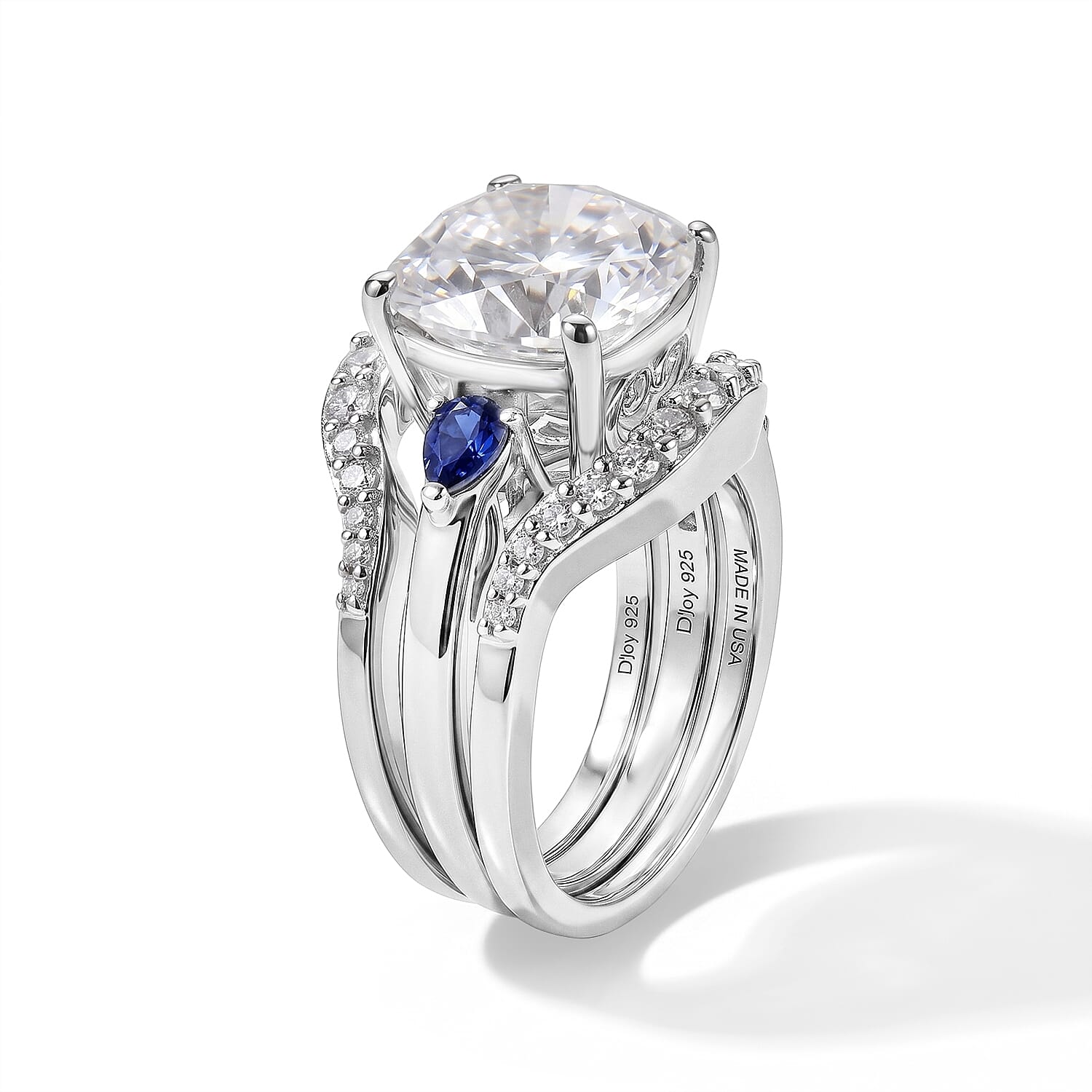 D'Joy Moissanite and Tanzanite 5.50 ctw Set of 2 Stacked Radiance Ring in Rhodium Over Sterling Silver (Size 5)