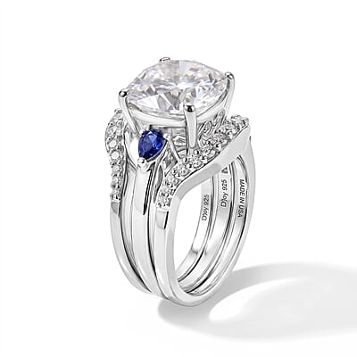 D'Joy Moissanite and Tanzanite 5.50 ctw Set of 2 Stacked Radiance Ring in Rhodium Over Sterling Silver (Size 5)