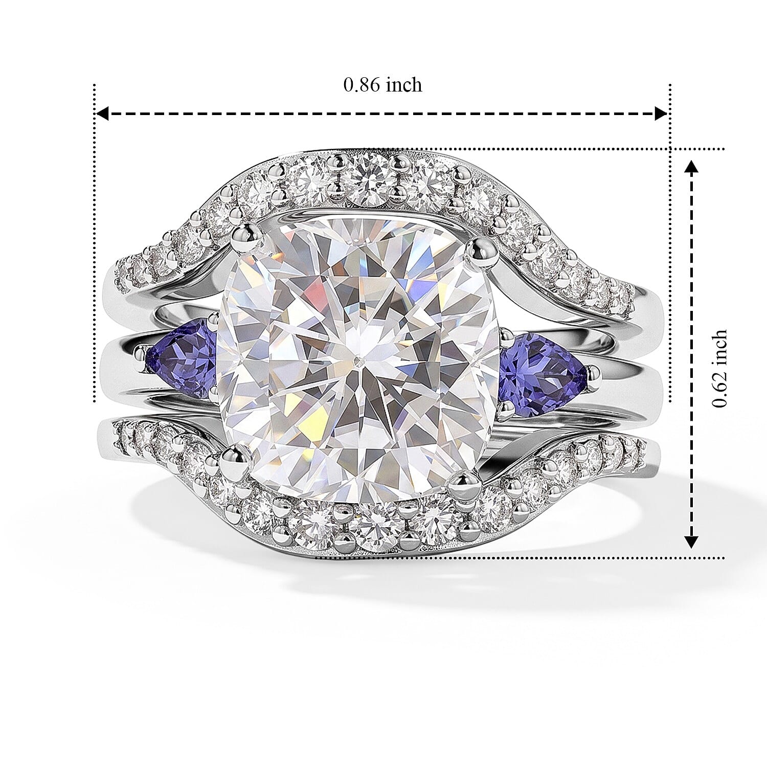 D'Joy Moissanite and Tanzanite 5.50 ctw Set of 2 Stacked Radiance Ring in Rhodium Over Sterling Silver (Size 5)