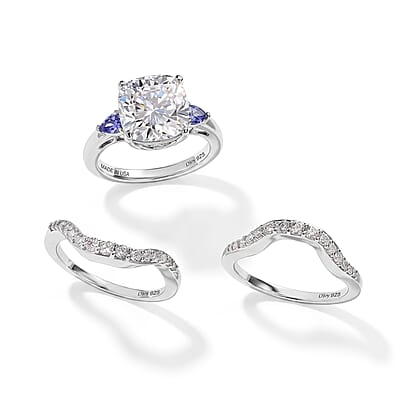 D'Joy Moissanite and Tanzanite 5.50 ctw Set of 2 Ring in Rhodium Over Sterling Silver (Size 6)