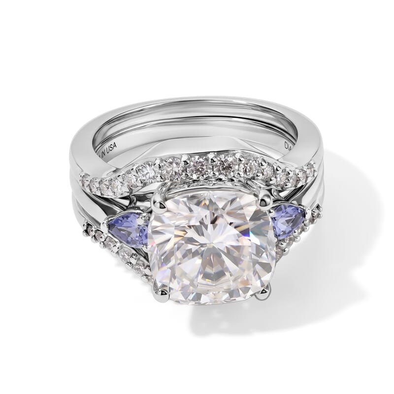 D'Joy Moissanite and Tanzanite 5.50 ctw Set of 2 Stacked Radiance Ring in Rhodium Over Sterling Silver (Size 7)