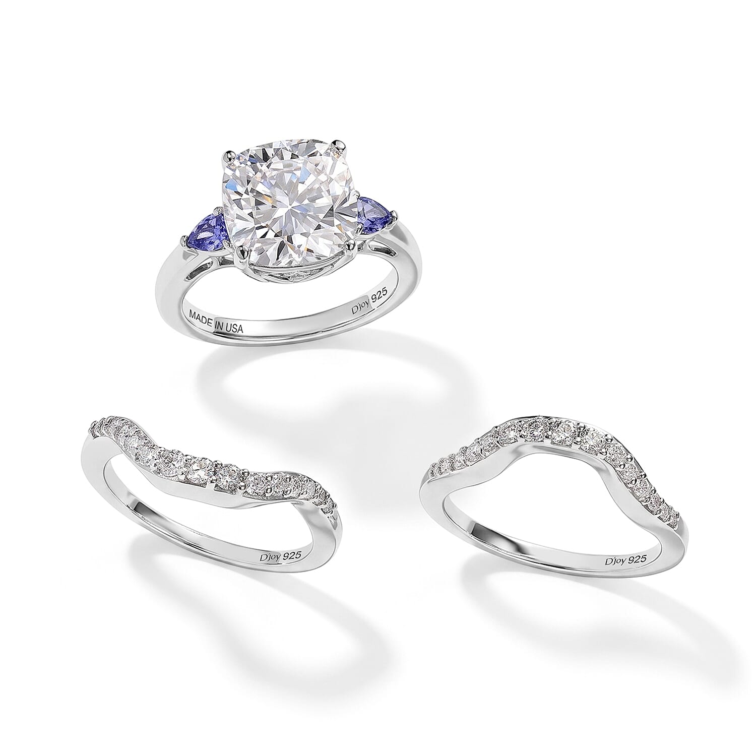 D'Joy Moissanite and Tanzanite 5.50 ctw Set of 2 Stacked Radiance Ring in Rhodium Over Sterling Silver (Size 7)