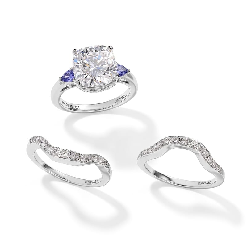 D'Joy Moissanite and Tanzanite 5.50 ctw Set of 2 Stacked Radiance Ring in Rhodium Over Sterling Silver (Size 7)
