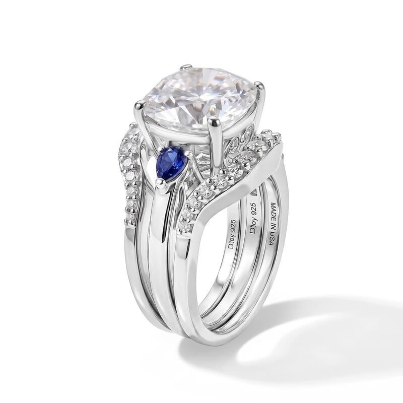 D'Joy Moissanite and Tanzanite 5.50 ctw Set of 2 Stacked Radiance Ring in Rhodium Over Sterling Silver (Size 7)