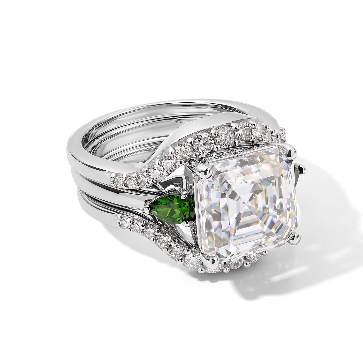 D'Joy Moissanite and Chrome Diopside 6.15 ctw Set of 2 Stacked Radiance Ring in Rhodium Over Sterling Silver (Size 5)