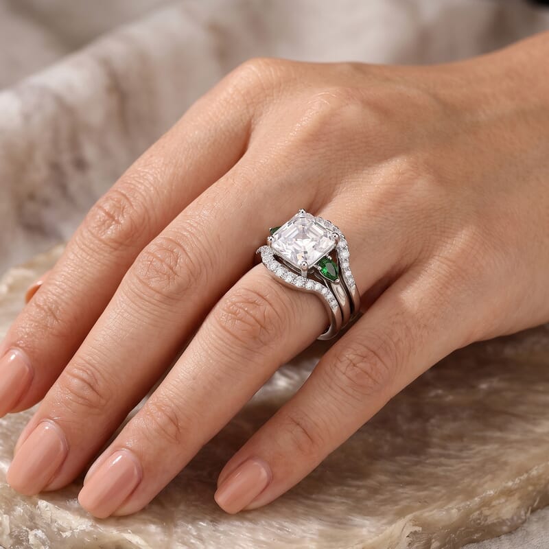 D'Joy Moissanite and Chrome Diopside 6.15 ctw Set of 2 Stacked Radiance Ring in Rhodium Over Sterling Silver (Size 5)