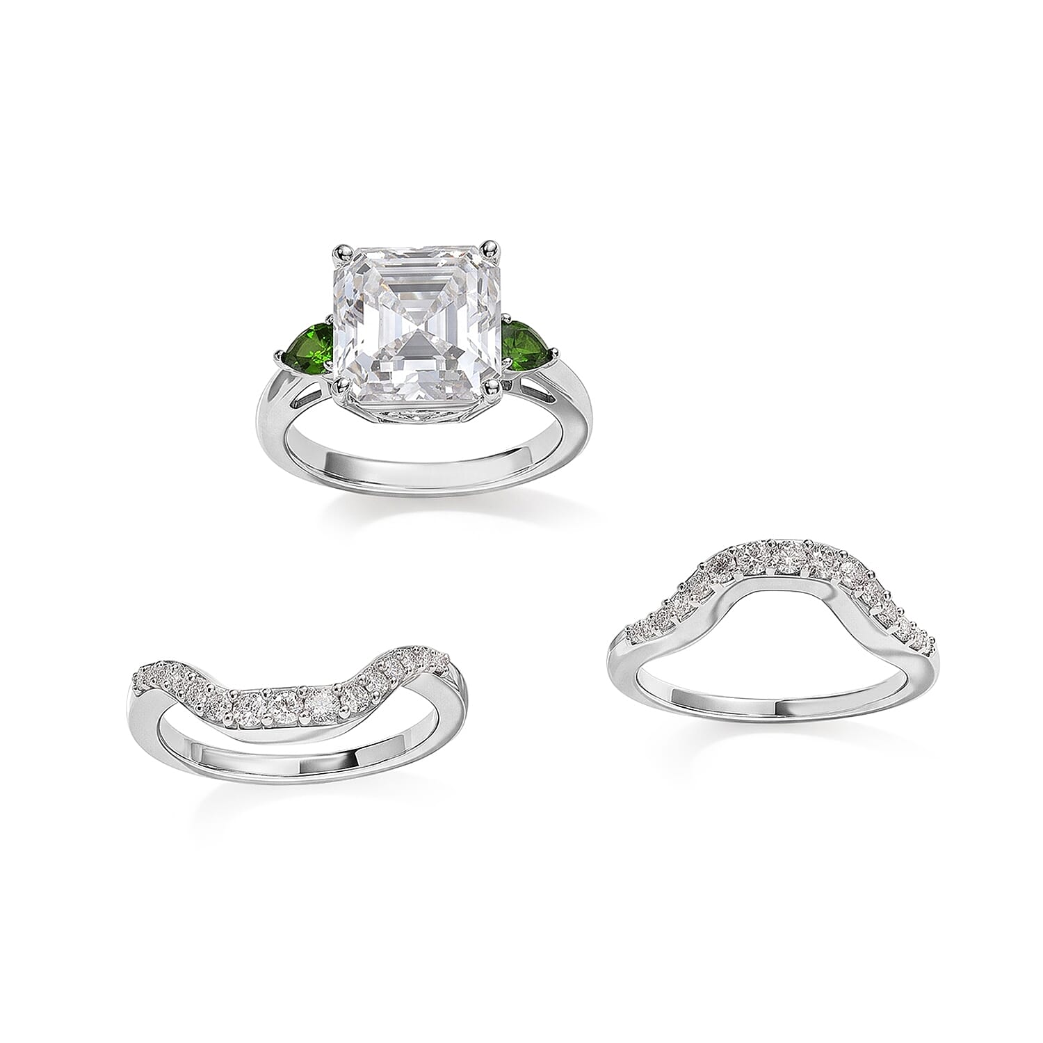 D'Joy Moissanite and Chrome Diopside 6.15 ctw Set of 2 Stacked Radiance Ring in Rhodium Over Sterling Silver (Size 5)