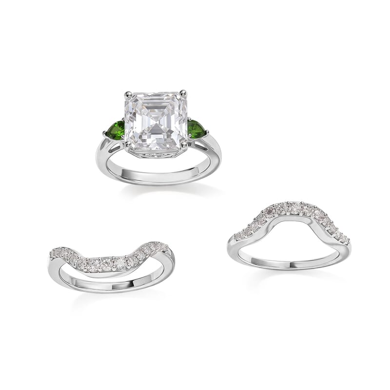 D'Joy Moissanite and Chrome Diopside 6.15 ctw Set of 2 Stacked Radiance Ring in Rhodium Over Sterling Silver (Size 5)