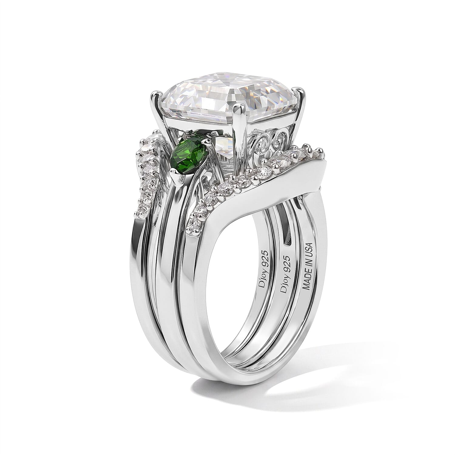 D'Joy Moissanite and Chrome Diopside 6.15 ctw Set of 2 Stacked Radiance Ring in Rhodium Over Sterling Silver (Size 5)