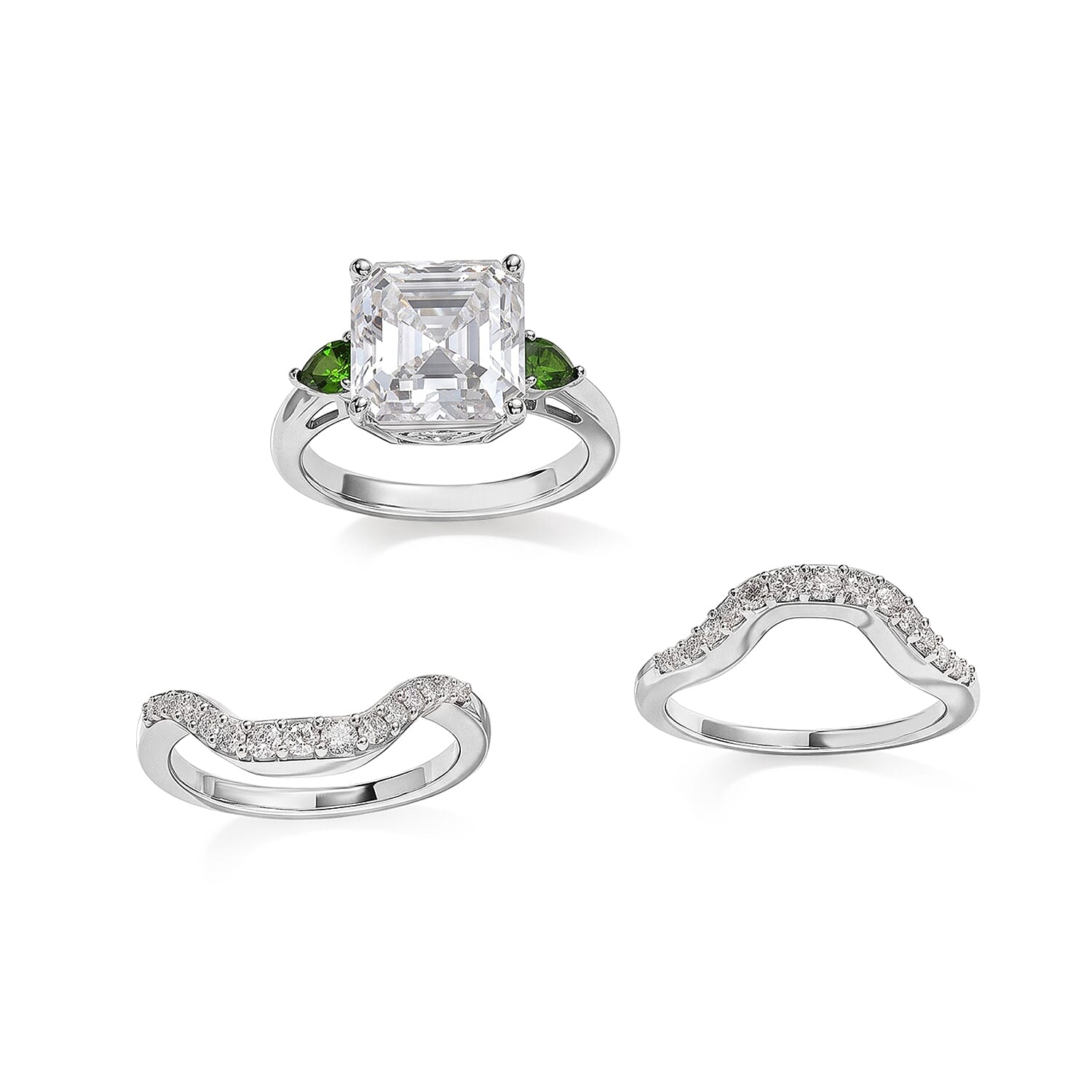 D'Joy Moissanite and Chrome Diopside 6.15 ctw Set of 2 Stacked Radiance Ring in Rhodium Over Sterling Silver (Size 6)