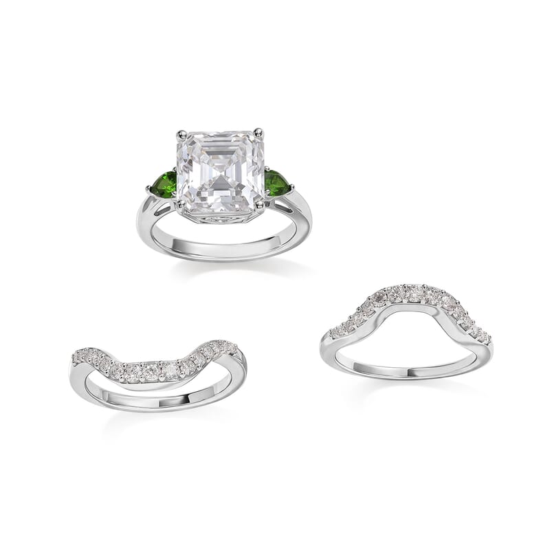 D'Joy Moissanite and Chrome Diopside 6.15 ctw Set of 2 Stacked Radiance Ring in Rhodium Over Sterling Silver (Size 6)