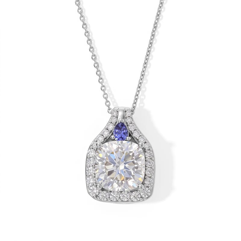 D'Joy Moissanite and Tanzanite 5.35 ctw Stacked Radiance Pendant Necklace in Rhodium Over Sterling Silver 20 Inches
