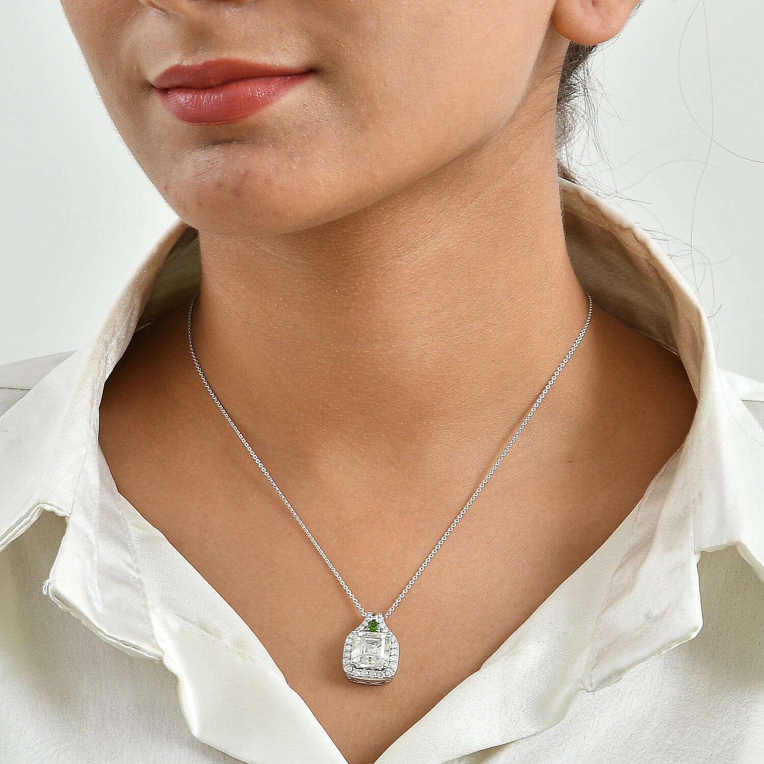 D'Joy Moissanite and Chrome Diopside 6.00 ctw Stacked Radiance Pendant Necklace in Rhodium Over Sterling Silver 20 Inches