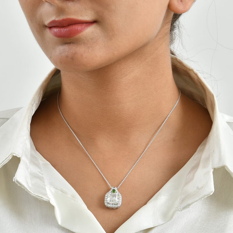 D'Joy Moissanite and Chrome Diopside 6.00 ctw Stacked Radiance Pendant Necklace in Rhodium Over Sterling Silver 20 Inches