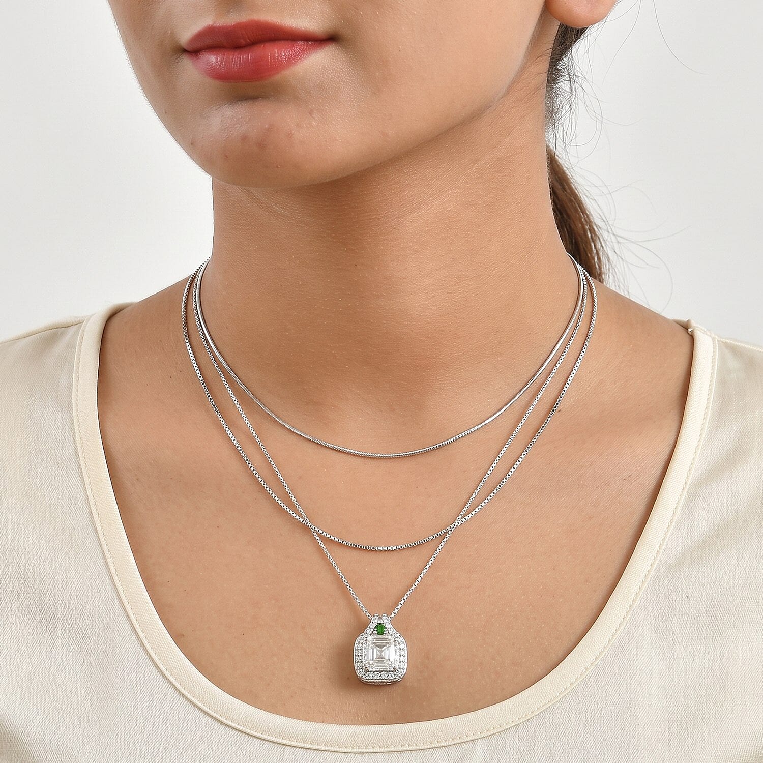D'Joy Moissanite and Chrome Diopside 6.00 ctw Stacked Radiance Pendant Necklace in Rhodium Over Sterling Silver 20 Inches